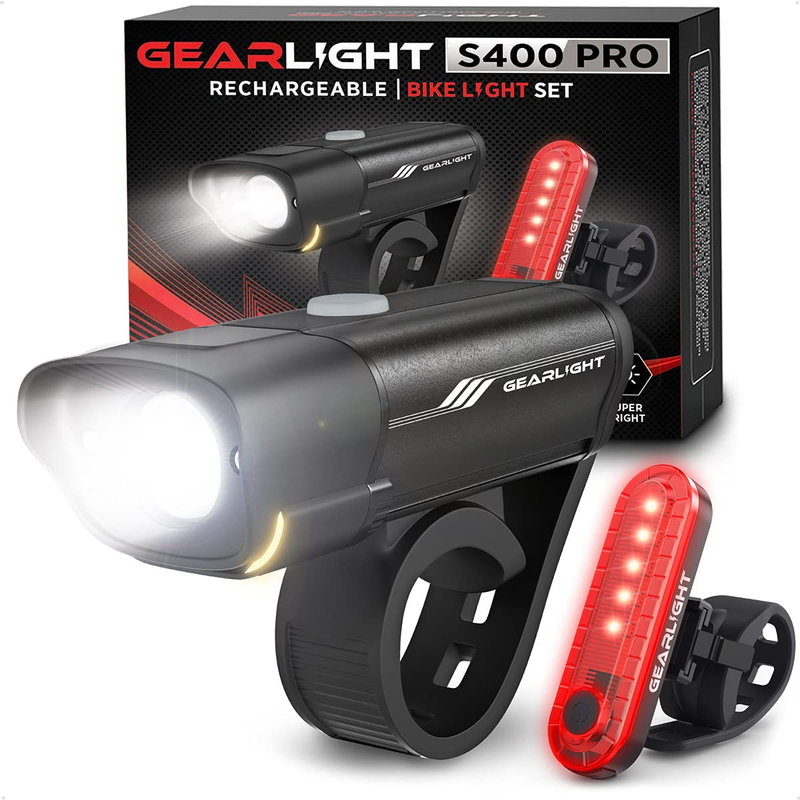 GearLight Rechargeable Bike Light Set S400 - Reflectors Powerful Front and Back Lights, Bicycle Accessories for Night Riding, Cycling - Headlight Tail Rear for Kids, Road, Mountain Bikes