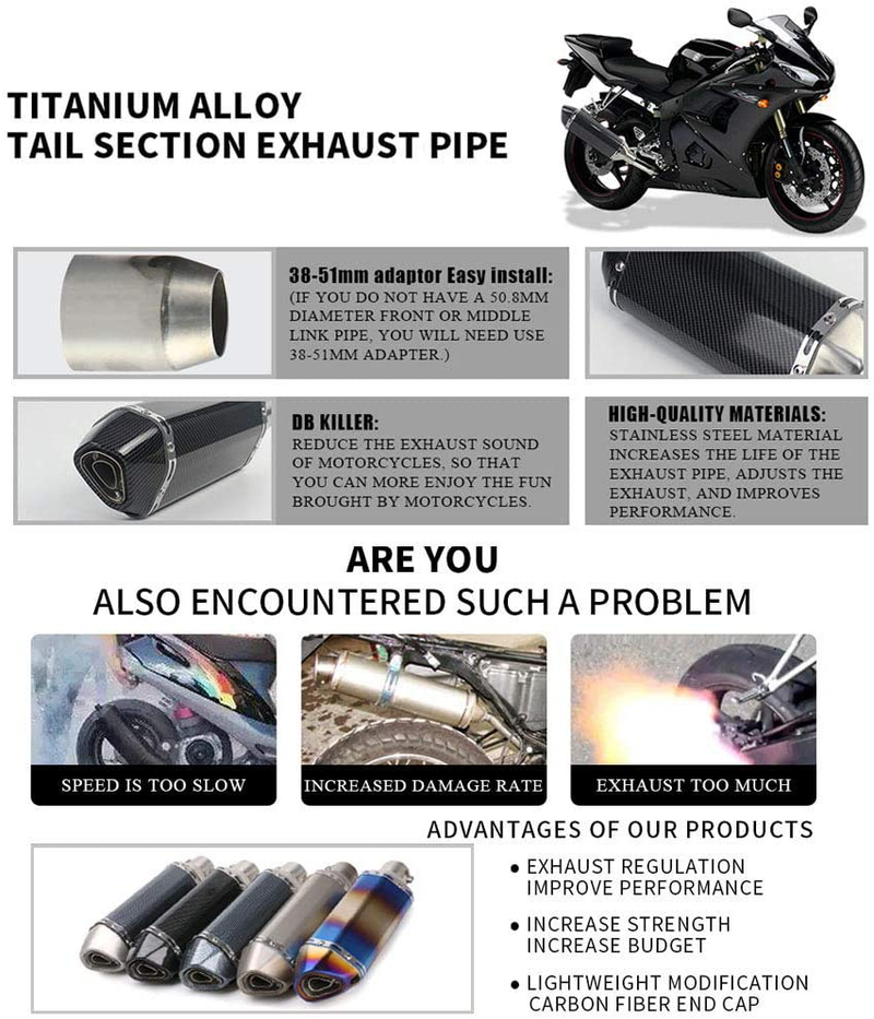 Exhaust Muffler Carbon Fiber 1.5-2"Inlet with Removable DB Killer for Street/Sport Motorcycles and Scooters with 38-51mm Diameter Exhaust Pipes