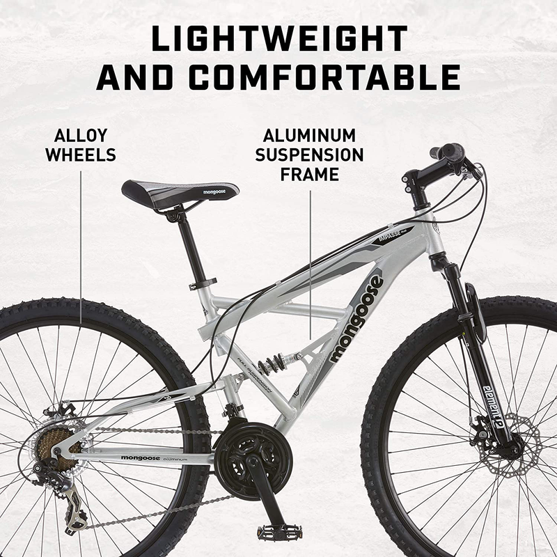 Mongoose Impasse Mens Mountain Bike, 29-Inch Wheels, Aluminum Frame, Twist Shifters, 21-Speed Rear Deraileur, Front and Rear Disc Brakes, Multiple Colors