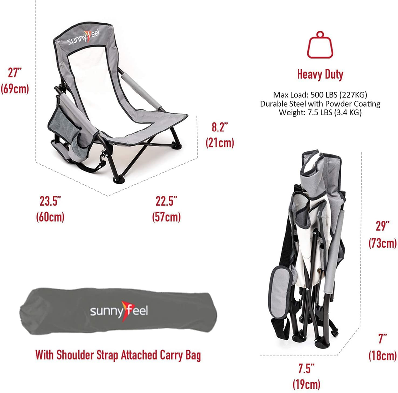 SUNNYFEEL Folding Camping Chair, Low Beach Chair Lightweight with Mesh Back,Cup Holder,Side Pocket,Padded Armrest,Sling, Portable Camp Chairs for Outdoor Picnic Fishing Lawn Concert (Grey)