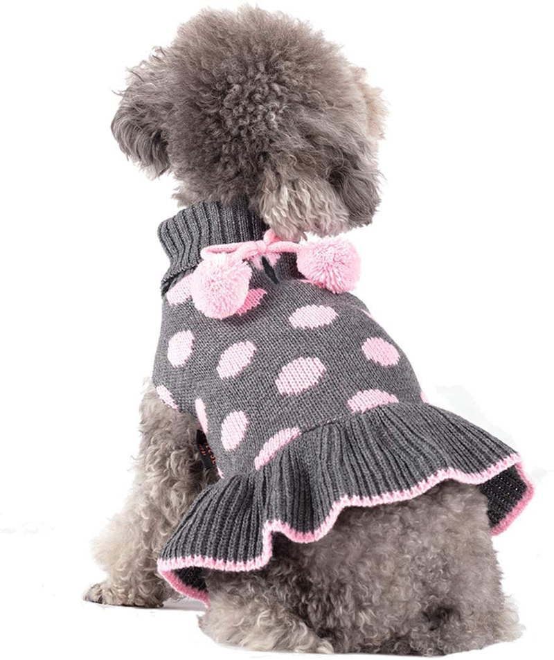 KYEESE Dog Sweater Dress Turtleneck Polka Dot Dog Sweaters with Leash Hole Knitwear Warm Pet Sweater with Pom Pom Ball