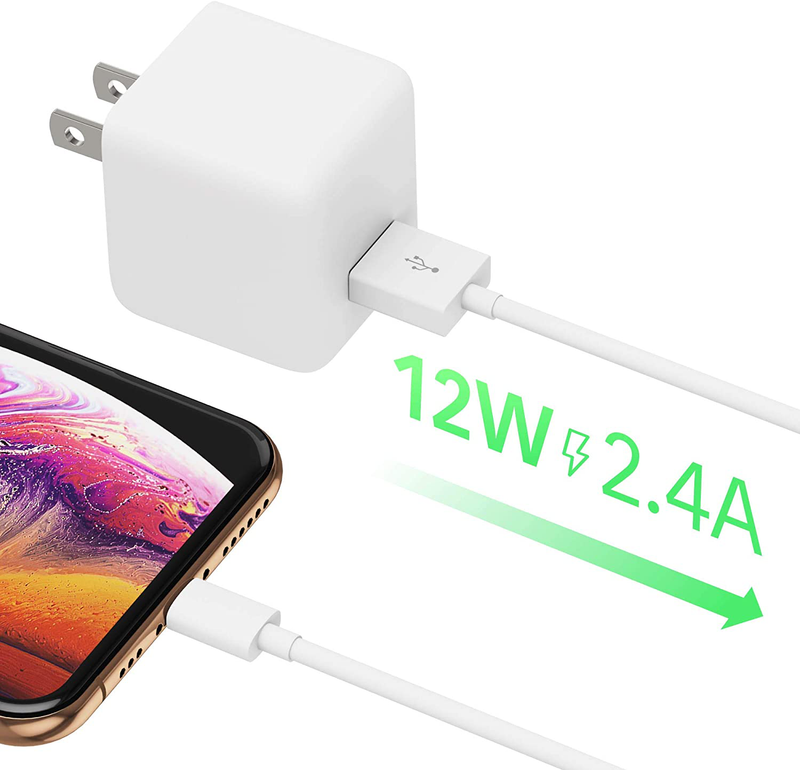 TalkWorks USB Wall Charger iPhone Adapter 12W/2.4A - Includes 5ft Lightning Cable MFI Certified For Apple iPhone 12, 12 Pro/Max, 12 Mini, 11, 11 Pro/Max, XS/Max, XR, X, 8, 7, 6, SE, 5, iPad - White