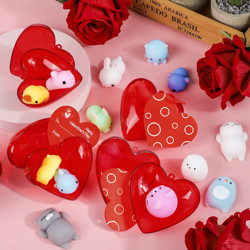 Fovths 32 Packs Valentine’S Day Gift Mochi Set Squeeze Animal Toys with 32 Mochi Squishy Filled Hearts 32 Gift Cards Red Ribbon Soft Stress Relief Toys for Valentine Gift Exchange Party Favors