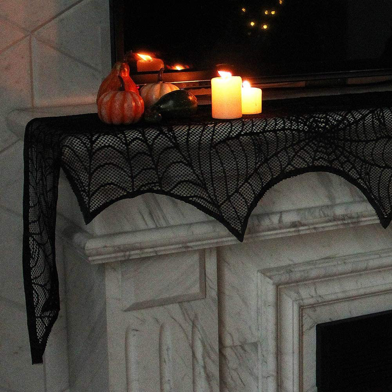 Lulu Home Halloween Fireplace Decorations, Fireplace Mantle Scarf Cover and Table Cloth, Black Lace Spider Web for Table, Door, Window and Fireplace Decoration, Halloween Decoration