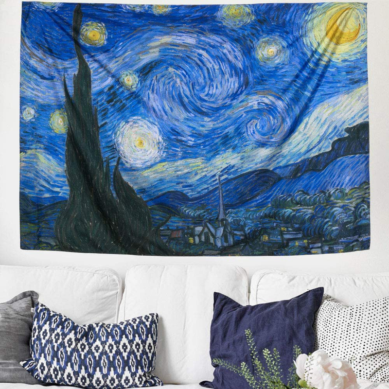 IcosaMro Starry Night Tapestry Wall Hanging, Van Gogh Art Wall Tapestries [60x82.7''][Double-Folded Hems]- Star Blanket Tablecloth for Bedroom, Dorm, College, Living Room, Blue
