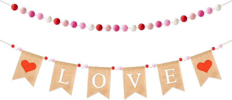 Haooryx 2 Set Valentine'S Day Burlap Flag Felt Ball Garland Kit, Sweet LOVE Valentines Hanging Banner Garland Decorations for Engagement Wedding Anniversary Party Home Wall Decor Supplies
