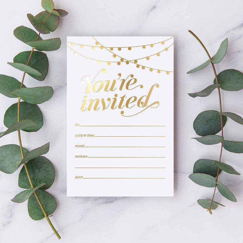 Party Invitations! 25 Gold Foil Traditional Invitations with Envelopes, Wedding, Baby and Bridal Shower Invite, Housewarming Birthday and Girls Quinceanera Invites