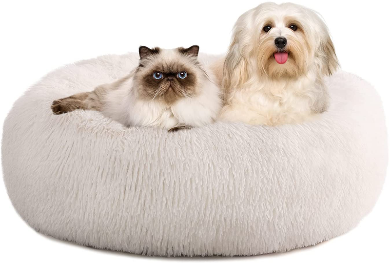 Kimicole Cozy Donut Calming Dog Bed Cat Bed, Super Soft Fluffy Washable anti Anxiety Plush Home Pet Beds for Small Medium Dogs Cats, Fuzzy Self-Warm Non-Slip round Puppy Kitten Bed