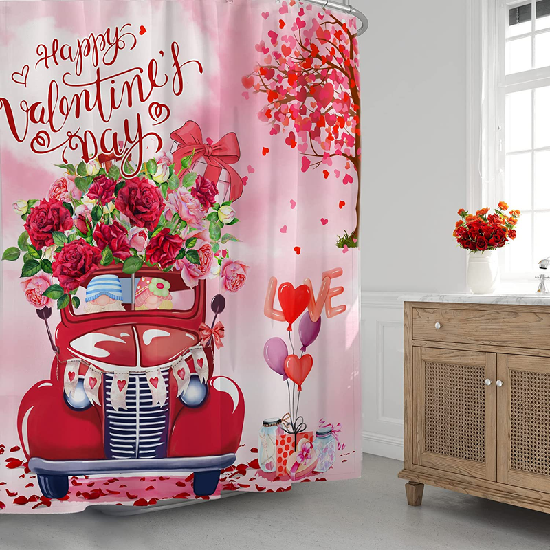 Hexagram Valentines Day Shower Curtain, Happy Valentine'S Day Shower Curtain for Bathroom Decor,Romance Truck with Rose Vintage Valentines Shower Curtain Polyester with Hooks,72"X72"