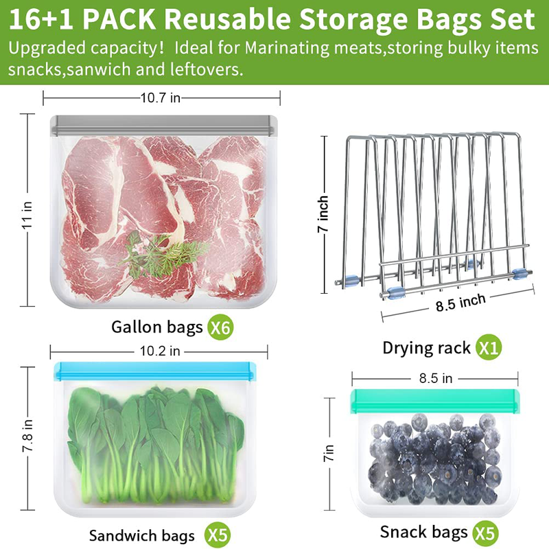 Reusable Storage Bags,16 Pack BPA Free Reusable Freezer Bags (5 Reusable Sandwich Bags, 5 Reusable Snack Bags, 6 Reusable Gallon Bags), Leakproof Reusable Silicone Food Bags