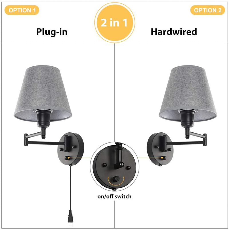 HAITRAL Swing Arm Wall Lamps- Dimmble Plug in Wall Sconces with Grey Shade, Plug-In or Hardwired Wall Lights, Wall Lamps for Bedroom, Bedside, Living Room, Office, Farmhouse