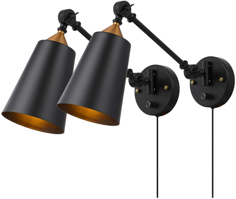 Pauwer Industrial Plug in Wall Sconces Set of 2 with on off Switch Vintage Edison Swing Arm Wall Lamp Black Metal Shade Wall Light Fixtures