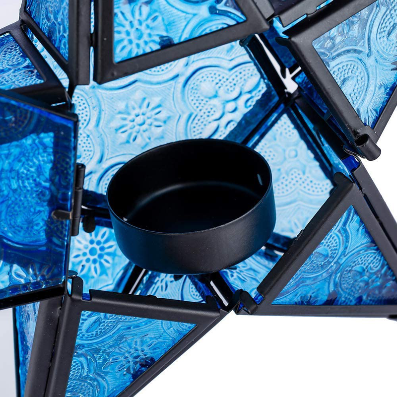 Star Lantern Hanging Glass Star Blue Decoravtive Lantern Candle Holder for Home Patio Garden Decoration Blue