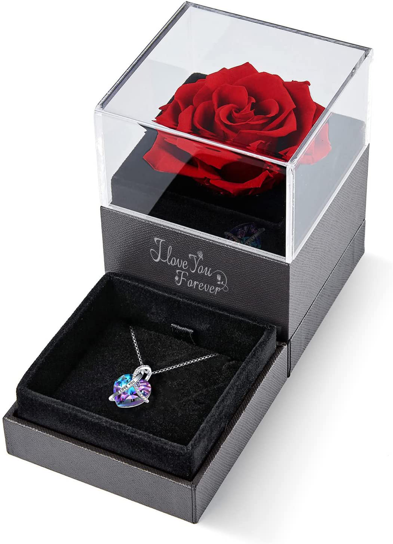 Eleshow Preserved Real Rose with I Love You Heart Crystal Necklace, Enchanted Rose Gifts for Her Girlfriend Wife Mom on Valentine'S Day Mothers Day Christmas Anniversary Birthday Gifts for Women