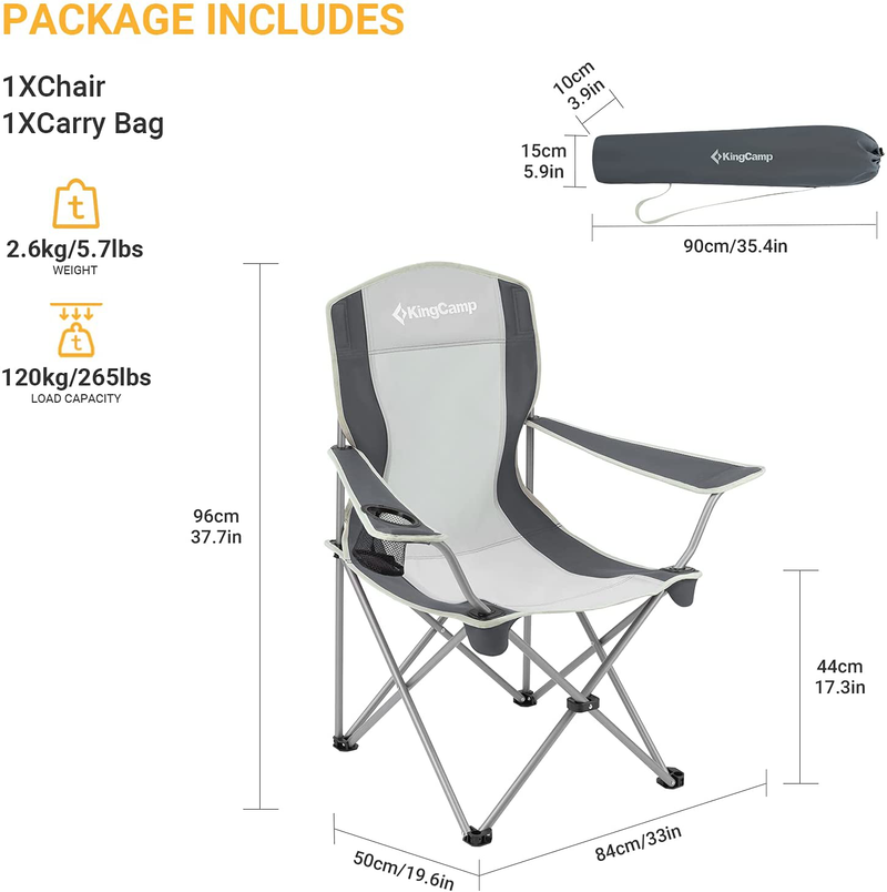 Kingcamp Folding Camping Chairs Portable Beach Chair Light Weight Camp Chairs with Cup Holder & Front Pocket for Outdoor (Black/Mediumgrey)