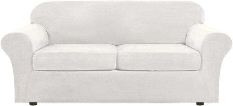 Real Velvet Plush 3 Piece Stretch Sofa Covers Couch Covers for 2 Cushion Couch Loveseat Covers (Base Cover Plus 2 Individual Cushion Covers) Feature Thick Soft Stay in Place (Medium Sofa, Ivory)