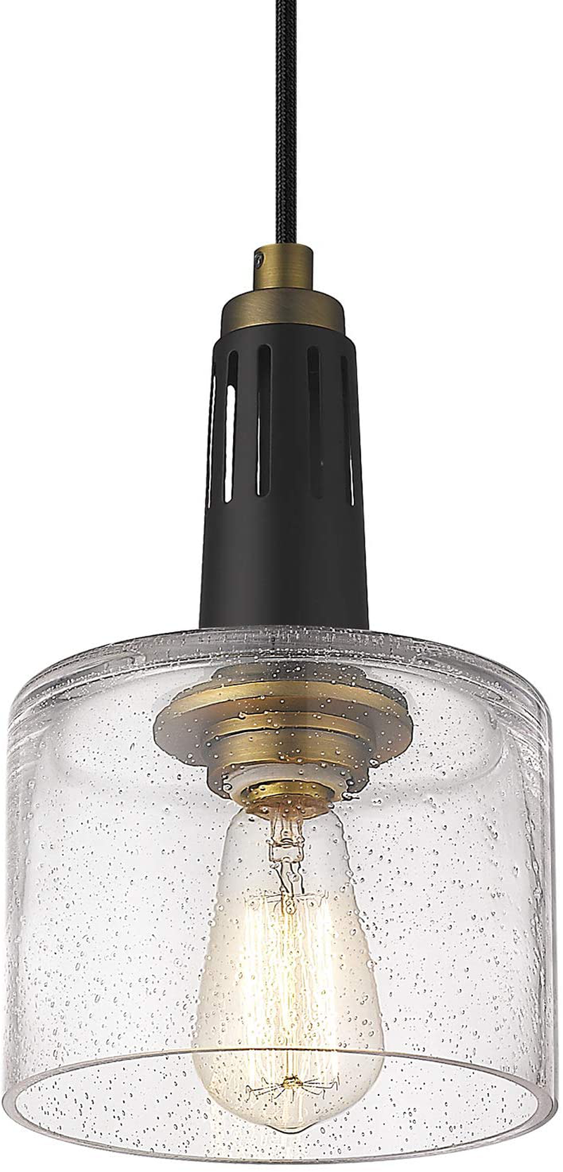 Industrial Pendant Light, Mini Glass Pendant Light for Kitchen, Bell Pendant Lighting in Black Finish with Seeded Glass, Adjustable Length, LMS-095