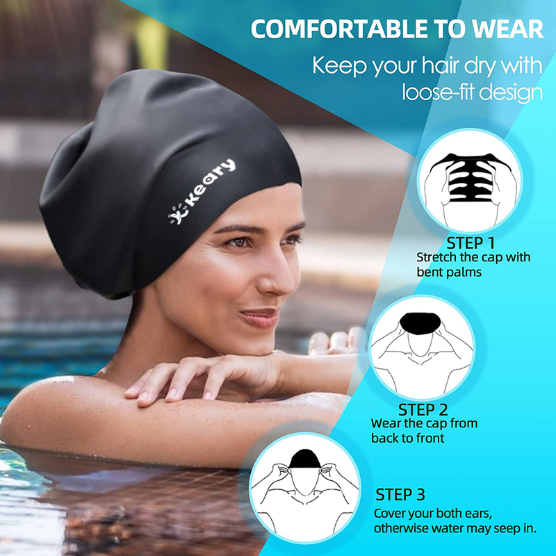 Keary Extra Large Swim Cap for Braids and Dreadlocks Extensions Weaves Long Hair, Waterproof Silicone Cover Ear Bath Pool Shower Swimming Cap for Adult Youth to Keep Hair Dry, Easy to Put On and Off