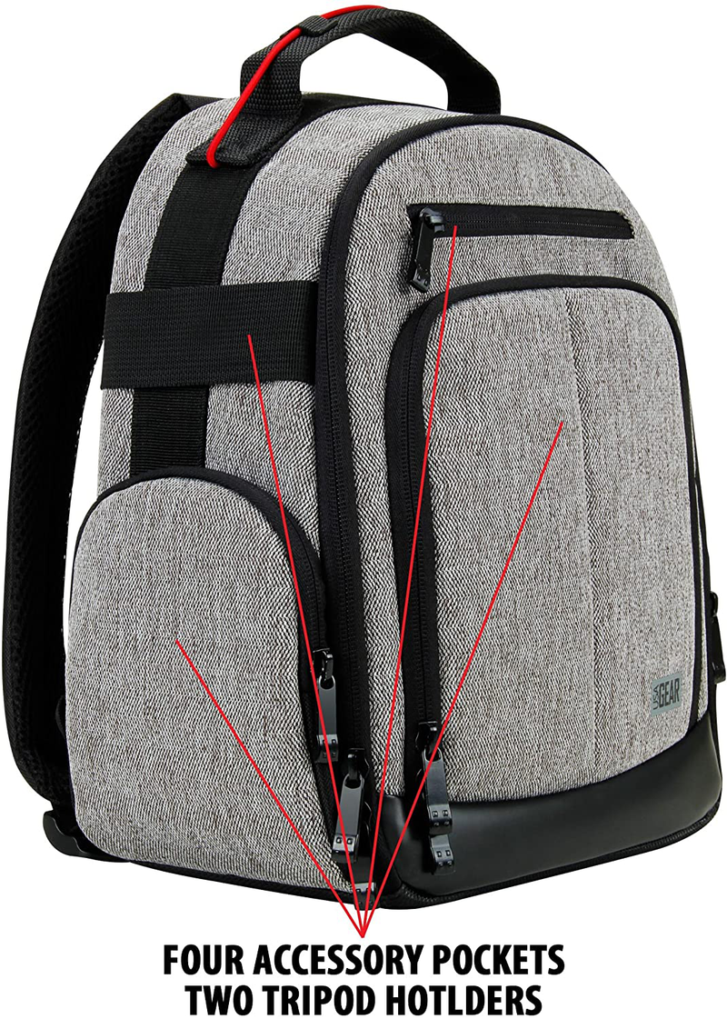 USA GEAR Portable Camera Backpack for DSLR (Gray) with Customizable Accessory Dividers, Weather Resistant Bottom and Comfortable Back Support - Compatible with Canon, Nikon and More