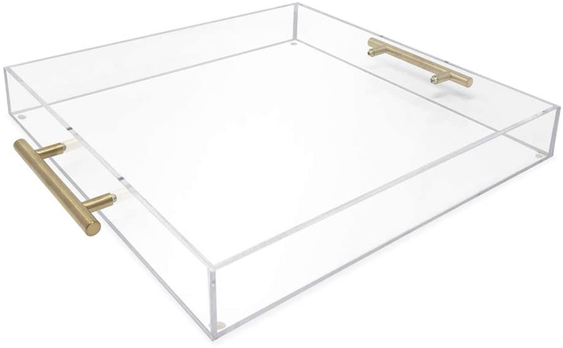 Isaac Jacobs Clear Acrylic Serving Tray (11x14) with Gold Metal Handles, Spill-Proof, Stackable Organizer, Food & Drinks Server, Indoors/Outdoors, Lucite Storage Décor (11x14, Clear with Gold Handle)