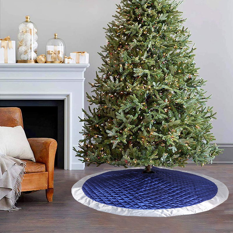 Ivenf Christmas Tree Skirt, 48 inches Large Blue Silver Faux Silk Thick Luxury Skirt, for Xmas Tree Holiday Decorations