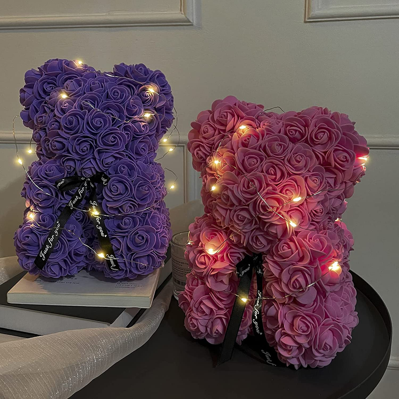 Rose Flower Bear with Light for Christmas - 10 Inch Teddy Flower Bear - Artificial Flowers - Gift for Mothers Day, Valentines Day, Anniversary & Bridal Showers Weddings Clear Gift Box