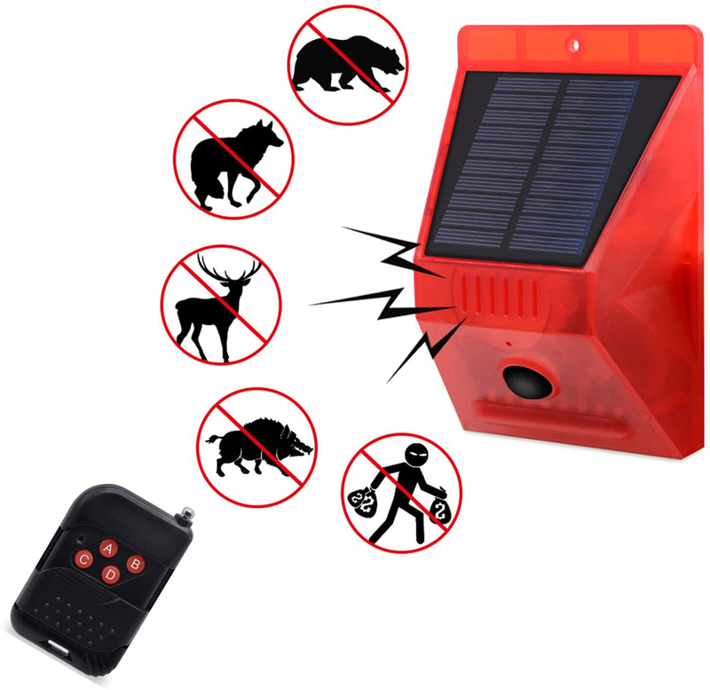 Solar Strobe Light with Motion Detector Solar Alarm Light with Remote Controller 129db Sound Security Siren Light IP65 Waterproof 24 Hours+Night Mode for Home, Farm,Barn,Villa,Yard.