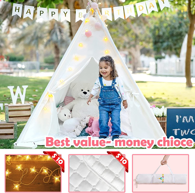 Tiny Land Kids Teepee Tent-Toys for 3,4,5,6 Year Old Girls-Kids Foldable Play Tent with Mat & Light String & Carry Case, White Canvas Teepee Indoor Outdoor Games-Kids Playhouse-Kids Tent