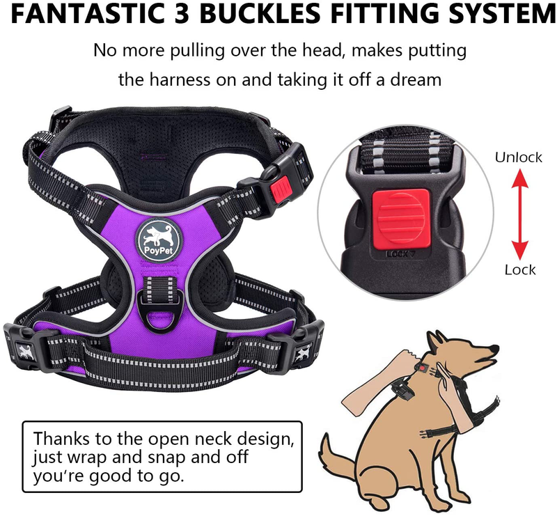 PoyPet No Pull Dog Harness, No Choke Front Lead Dog Reflective Harness, Adjustable Soft Padded Pet Vest with Easy Control Handle for Small to Large Dogs