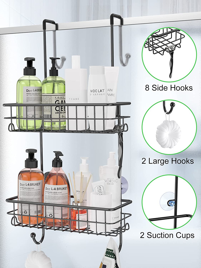 SMARTAKE Shower Caddy over the Door, Rustproof Bathroom Shelf with 10 Hooks, Stainless Steel Wall Rack, Fast-Draining Razors Towels Shampoo Organizer, for Dorm, Toilet, Bath and Kitchen (Black)