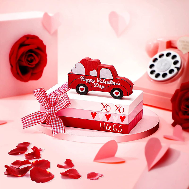 Queekay 3 Pieces Valentine'S Day Tiered Tray Decorations, Decorative Fake Book Decor Rustic Valentine Truck Wooden Fake Old Books Home Mantle Decor for Table Shelf Mantle Valentine Decorations
