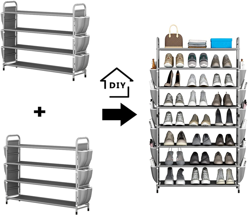 LINZINAR Shoe Rack 4 Tier Space Saving Small Shoe Organizer Stackable Metal Shoe Storage Shelf with Double Row Side Pockets for Closet Entryway Bedroom (4 Tier, Grey)