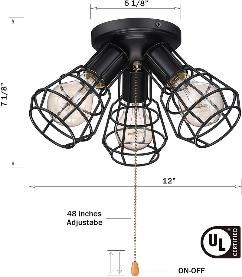 Farmhouse Close to Ceiling Light with Pull Chain, 3 Lights Black Industrial Semi Flush Mount Pull String Ceiling Fixture Rustic Metal Wire Cage Light, 12 Inch, Oil Black, UL Listed
