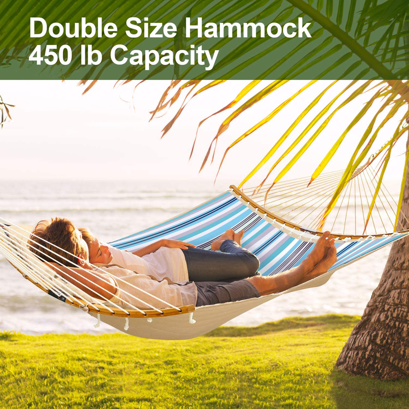 Double Hammock Swing Quilted Fabric, Portable Hammocks with Folding Bamboo Curved Bar & Pillow, Ohuhu 55" x 75" Large 2 Person Hammock for Indoor Outdoor, Tree Hammock for Yard Porch Garden Balcony
