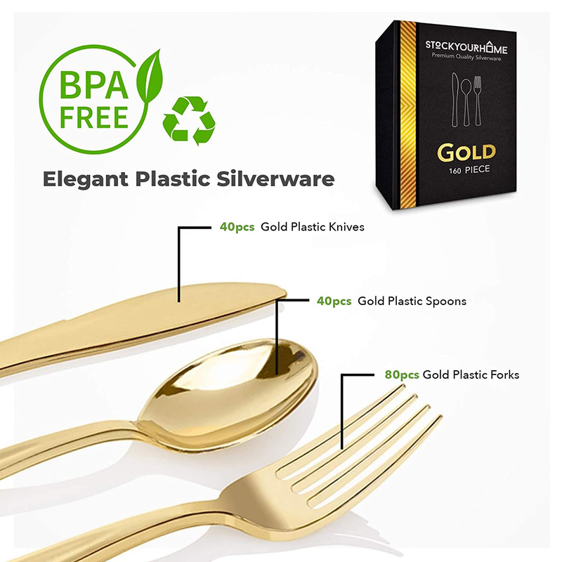 Gold Plastic Cutlery Set 160 Pack Disposable Silverware - 80 Forks, 40 Knives, 40 Spoons - For Catering, Parties, Dinners, Weddings, and Everyday Use