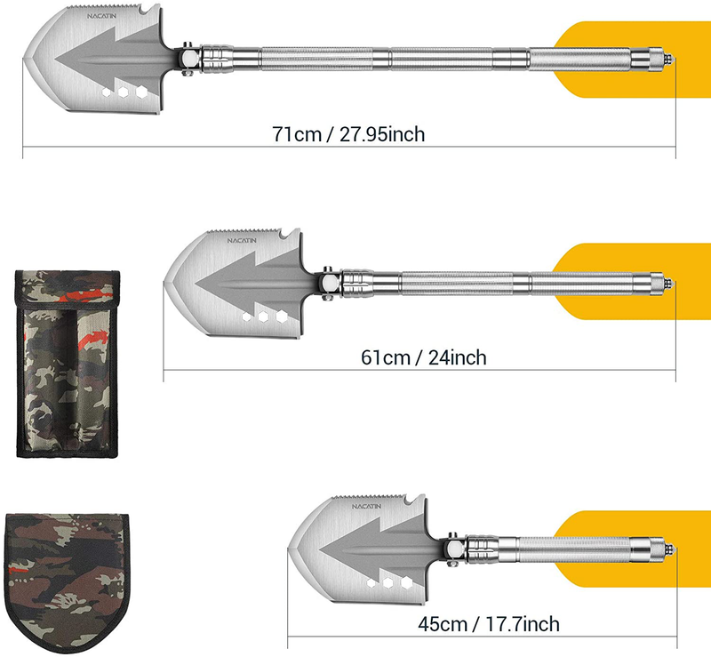 NACATIN Survival Shovel,28” Multitool Camping Shovel,Military Folding Shovel with 3 Non-Slip Aluminum Tubes for Outdoor Hiking,Hunting,Expedition,Garden