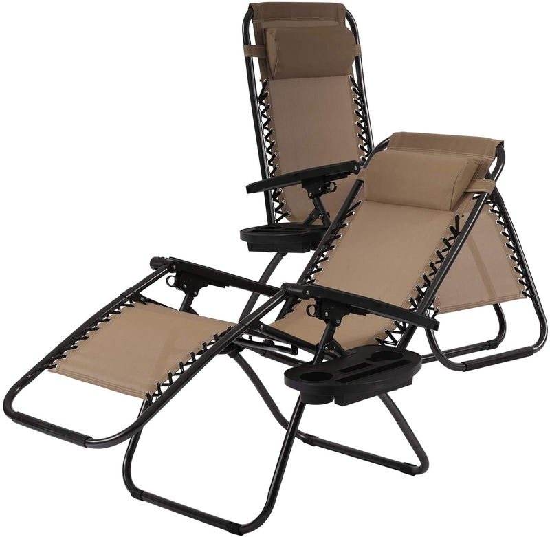 HCY Zero Gravity Chairs Outdoor Adjustable Recliner Chair Folding Lounge Patio Chairs with Cup Holder Pillows Set of 2 for Beach, Yard, Lawn, Camp (Tan)