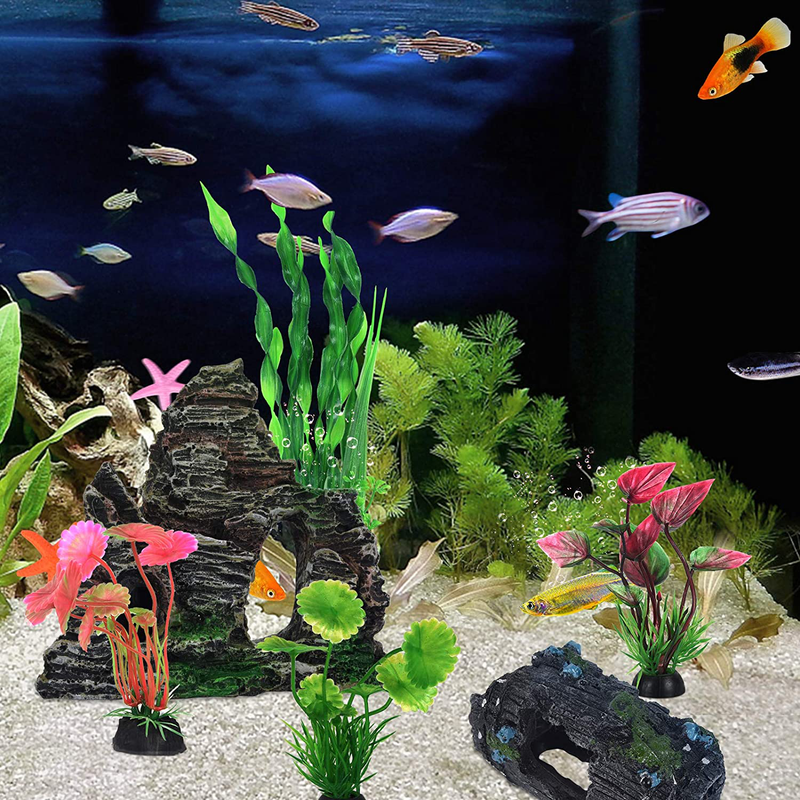 QZQ 14 Pack Aquarium Fish Tank Decorations Accessories Decor Set Aquarium Decorations Include Resinous Rockery Barrel Hideouts Coral Aquarium Plants and Resin Starfish and Other