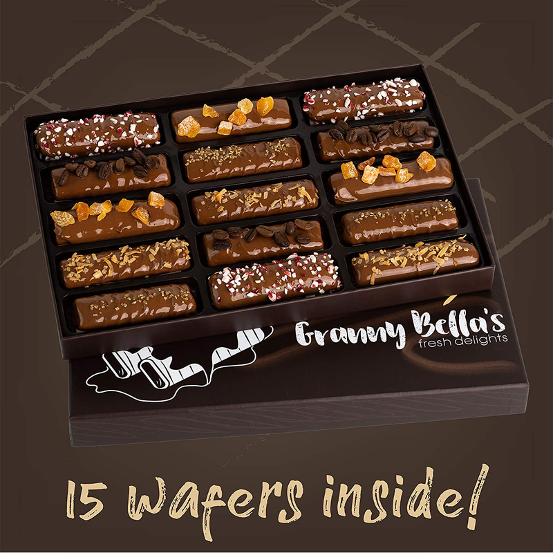 Granny Bella’S Gourmet Chocolate Dipped Wafers | 15 Cookies Filled with Hazelnut Cream | Food Sweets Gift Baskets | Prime Holiday, Christmas & Valentines Day Gifts | Birthday Treats for Men & Women