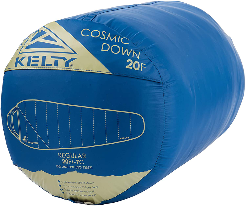Kelty Cosmic 20 Degree 550 down Fill Sleeping Bag for 3 Season Camping, Premium Thermal Efficiency, Soft to Touch, Large Footbox, Compression Stuff Sack