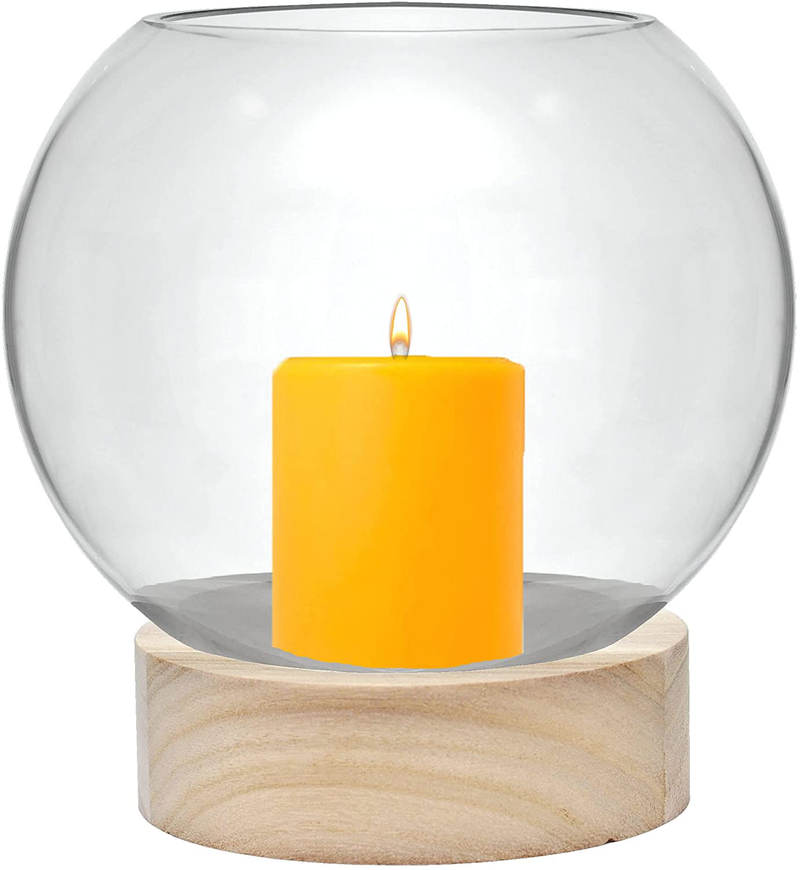 CYS EXCEL Glass Terrarium Candle Holder Bubble Bowl with Wood Base (H:8" W:6.5") | Unique Fish Bowl Aquarium with Wooden Stand | Plant Bubble Dome | Candy Bowl Storage Container