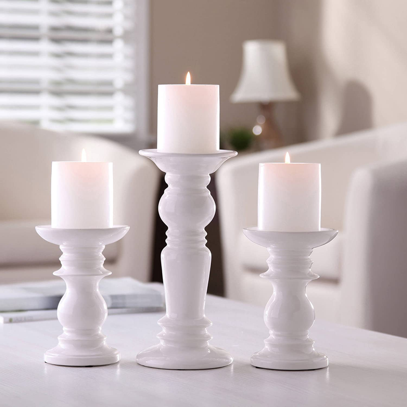 Hosley Set of 3 Ceramic White Pillar Candle Holders Two 6 Inch and One 9.5 Inch High. Ideal for LED and Pillar Candles Gifts for Wedding Party Home Spa Reiki Aromatherapy Votive Candle Gardens P2