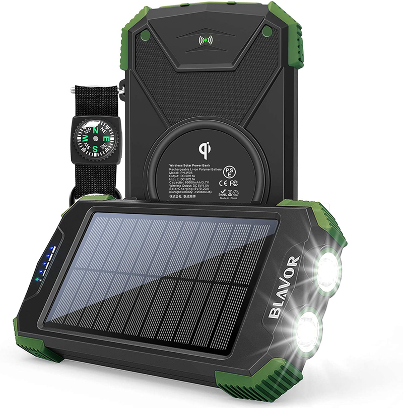 Solar Power Bank, Qi Portable Charger 10,000Mah External Battery Pack Type C Input Port Dual Flashlight, Compass, Solar Panel Charging (Orange)