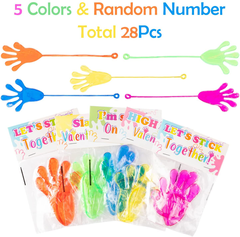 Haooryx 28 Pack Valentine’S Day Cards with Sticky Hands for Kids, Glitter Sticky Hand Valentines Greeting Cards Stretchy Snap Toys for Classroom Gift Exchange Party Favor Toys Bulk Stocking Stuffers