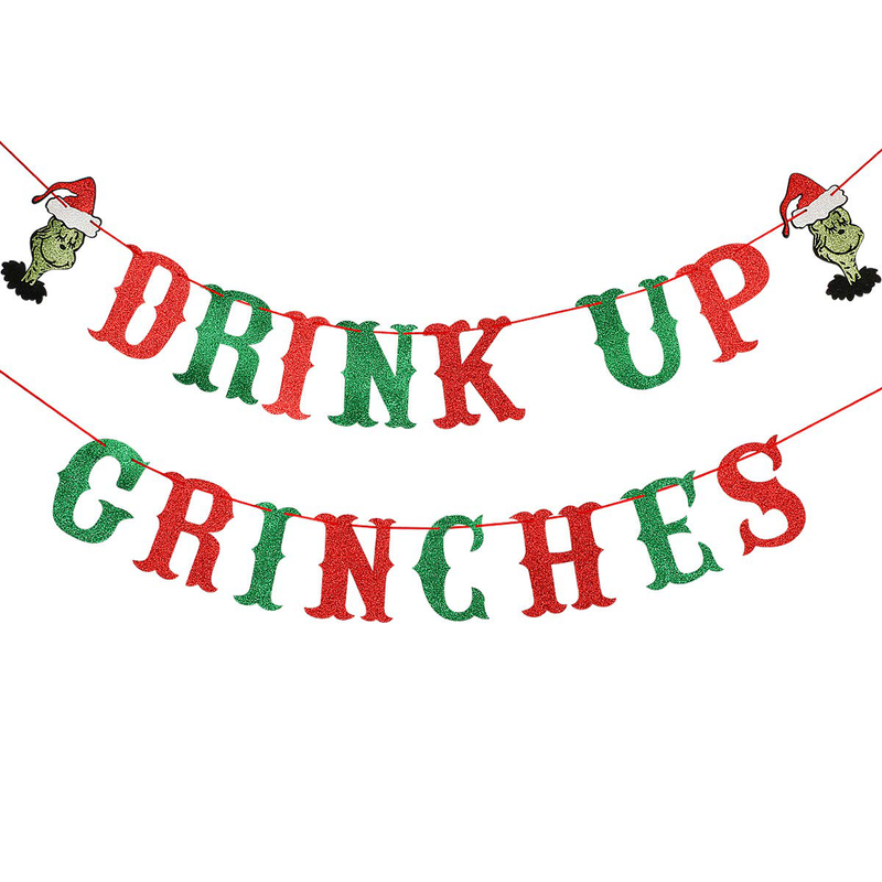 Drink Up Grinches Banner Red and Green Glitter- Christmas Party Supplies, Grinch Christmas Decorations, The Grinch Christmas Decorations, Grinch Backdrop, Grinch Decorations for Home Office Mantel