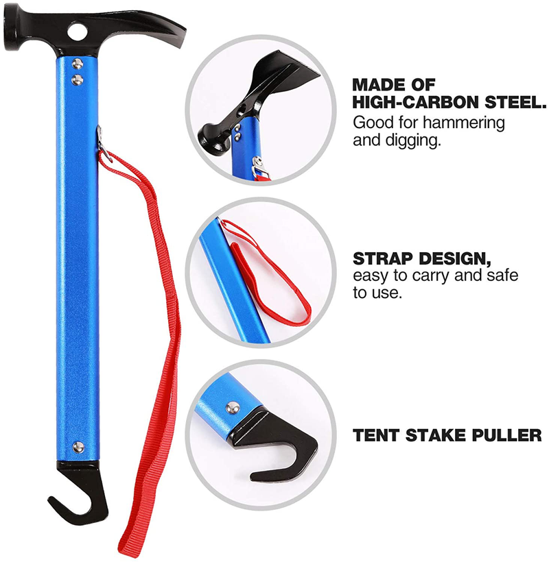 REDCAMP Aluminum Camping Hammer with Hook, 12" Portable Lightweight Multi-Functional Tent Stake Hammer for Outdoor,Black/Red/Orange/Blue