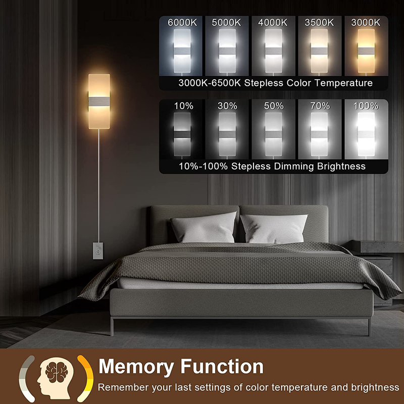 ENCOMLI Plug in Wall Sconces with Stepless Adjustable 3000K-6500K Colors and 10%-100% Brightness, Sconces Wall Lighting with Remote Control 12W Acrylic LED Wall Lamp with 6FT Plug in Cord, 1 Pack