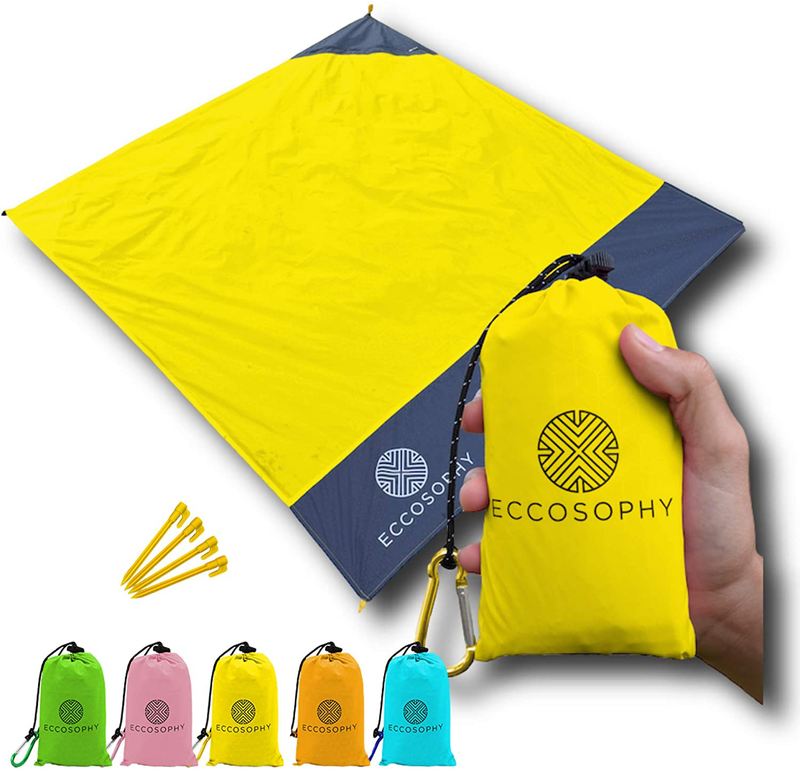 ECCOSOPHY Sand Proof Beach Blanket - 100% Waterproof Picnic Blanket 60x55 - Outdoor Compact Pocket Blanket - Lightweight Ground Cover for Hiking, Camping, Festivals, Sports, Travel- with Bag & Stakes