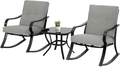 SOLAURA 3-Piece Outdoor Rocking Chairs Bistro Set, Black Steel Patio Furniture with Brown Thickened Cushion & Glass-Top Coffee Table