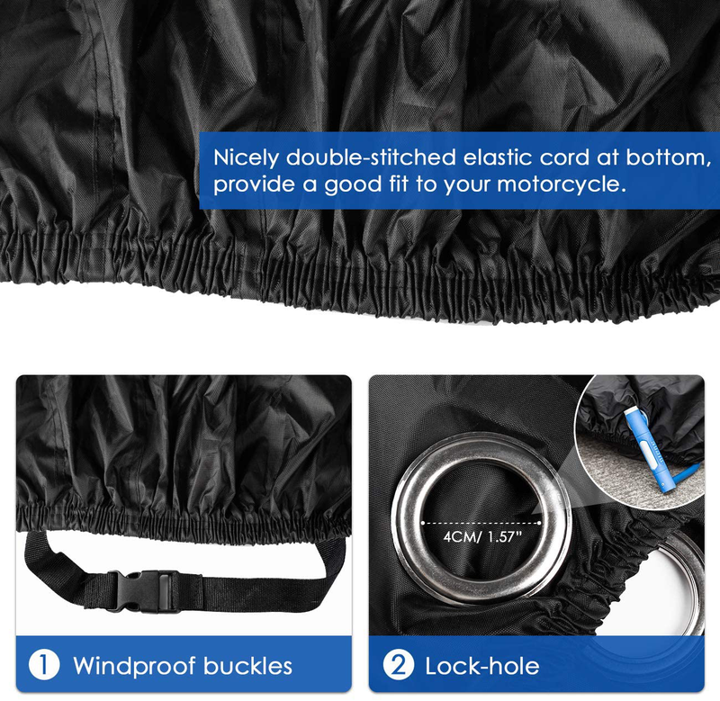Favoto Motorcycle Cover All Season Universal Weather Premium Quality Waterproof Sun Outdoor Protection Durable Night Reflective with Lock-Holes & Storage Bag Fits up to 96.5” Motorcycles Vehicle Cover